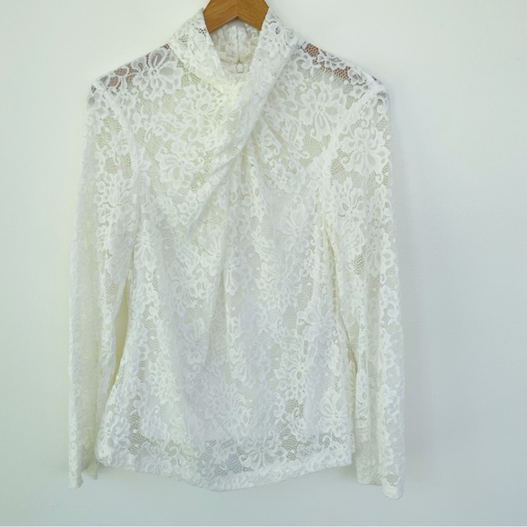 Elie Tahari Porcelain Cream White Lace Twist Neck Top L Large Mock Neck - Picture 3 of 10